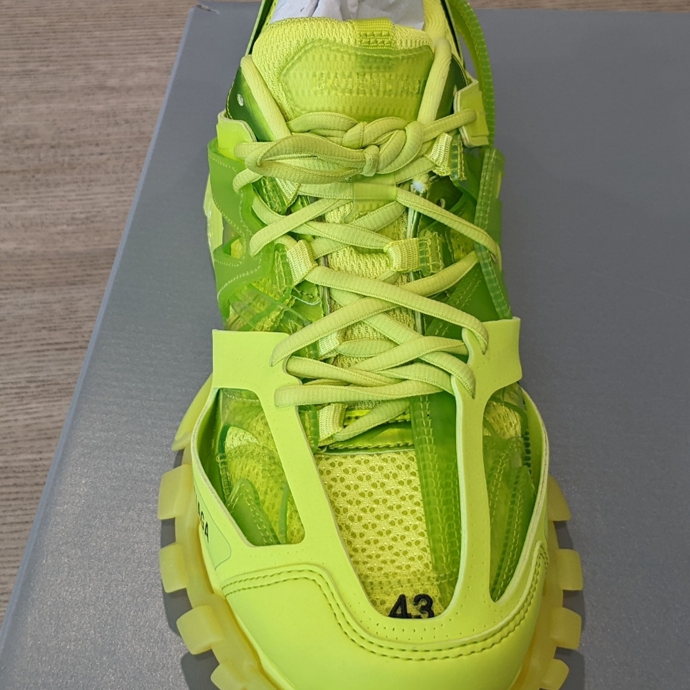 Men's Balenciaga "Track" Clear Sole Leather Free Sneakers Lime - Picture 2 of 8